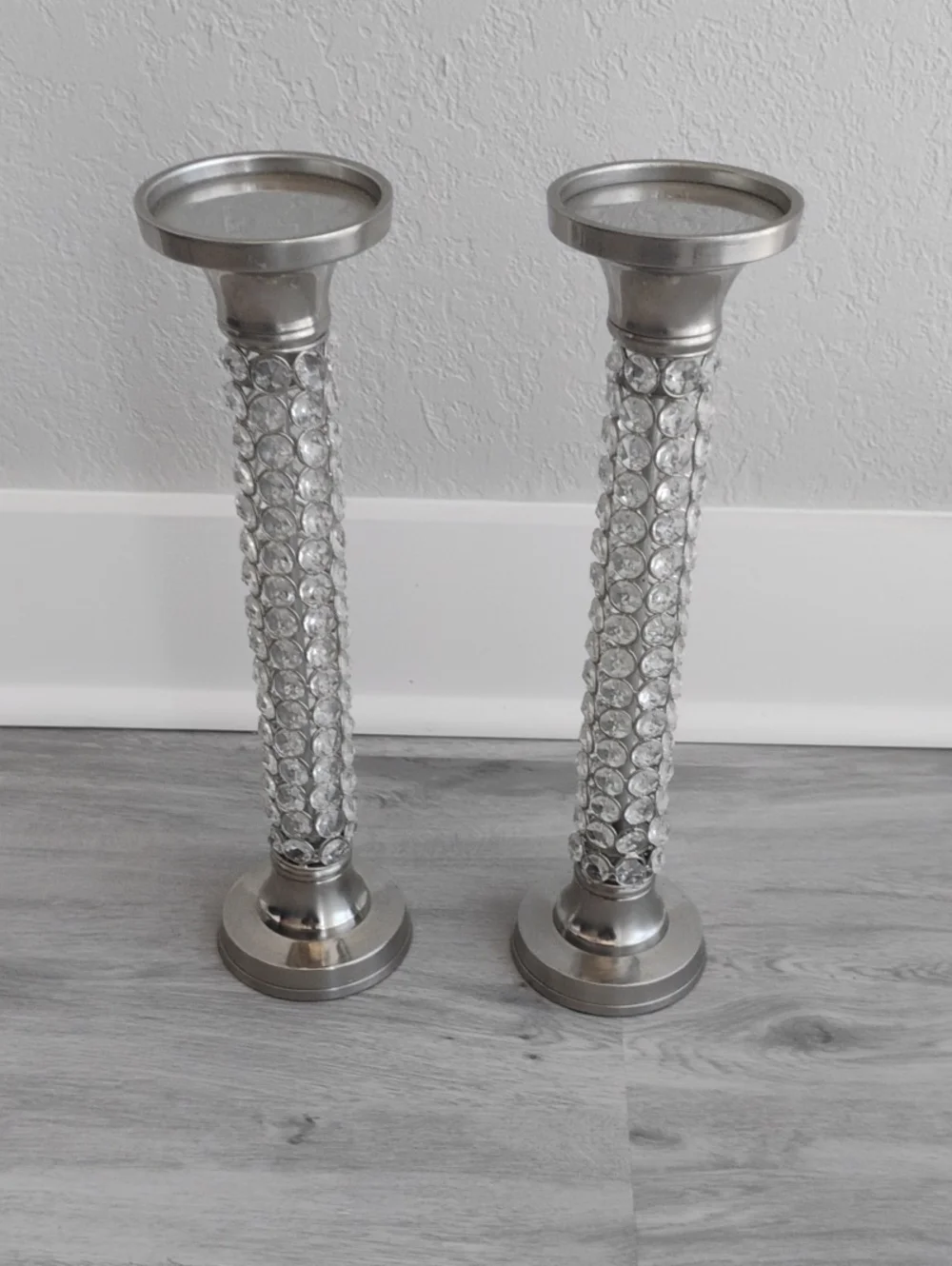 Tahari Home Silver & Rhinestone Crystal Column Pillar Candle Holders (Set of 2)